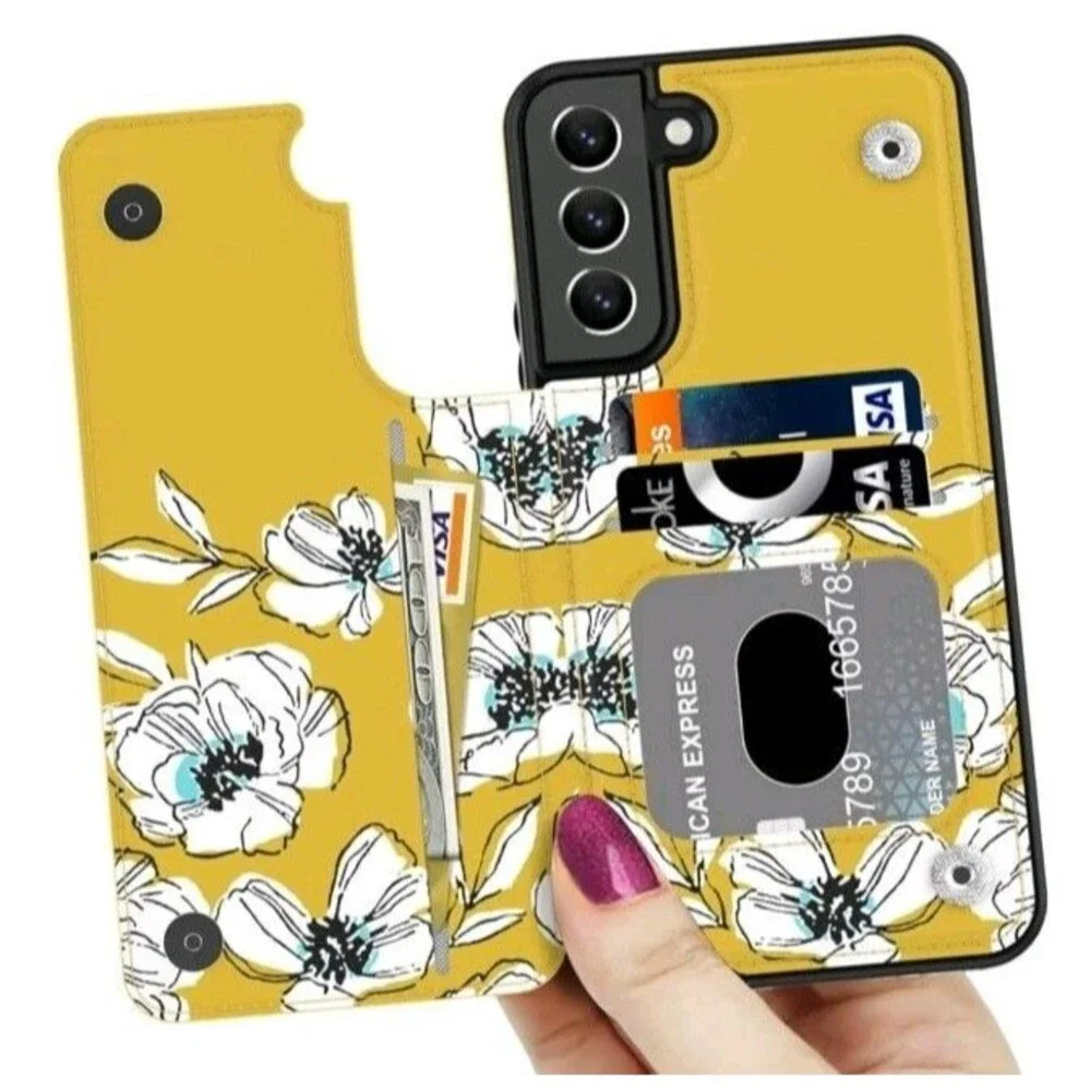 NEW Samsung Galaxy S23 Yellow Floral Folding Wallet Phone Case White Protector